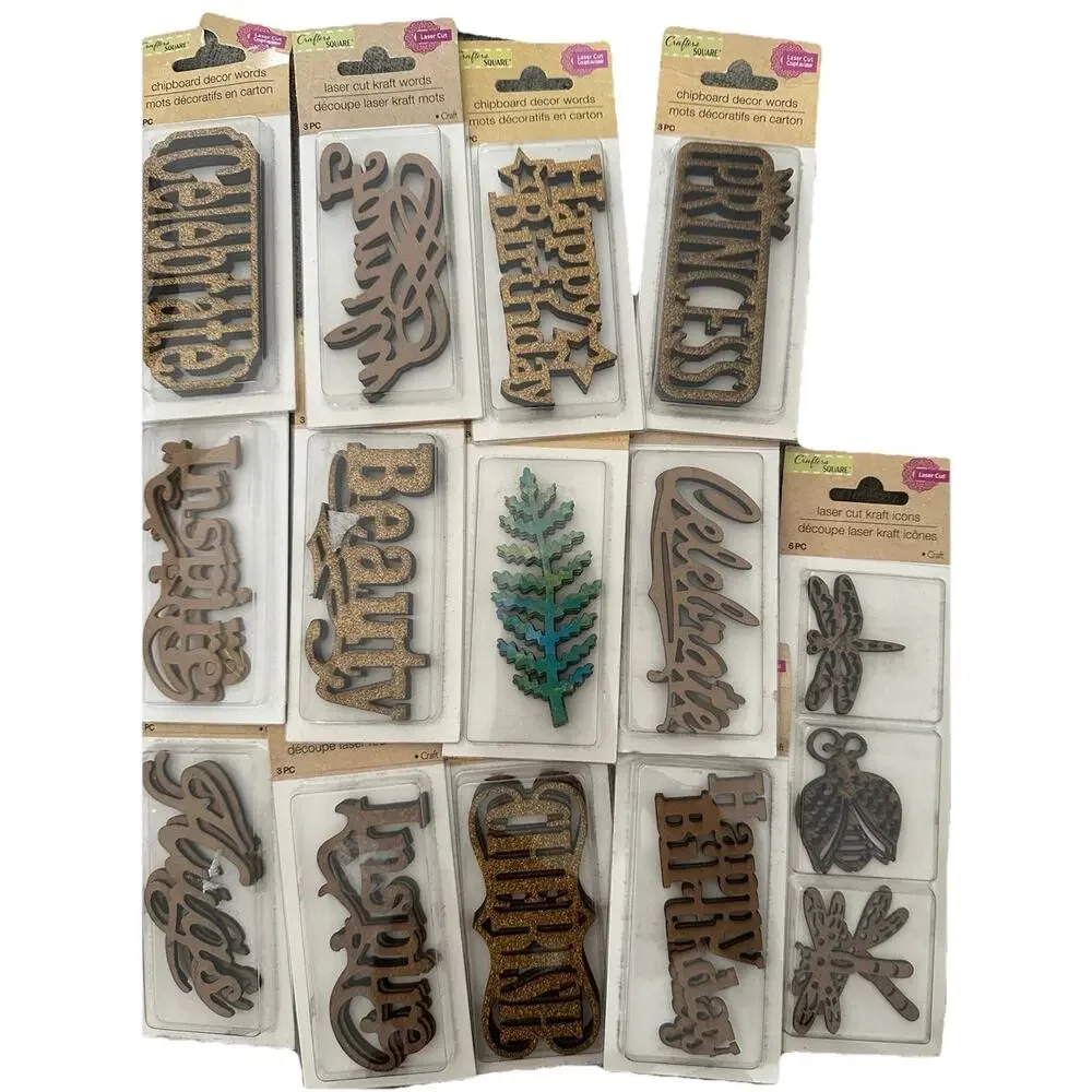 Crafters Square Laser Cut Kraft Icons Lot 20 pc Mixed Scrapbooking w/ Stickers